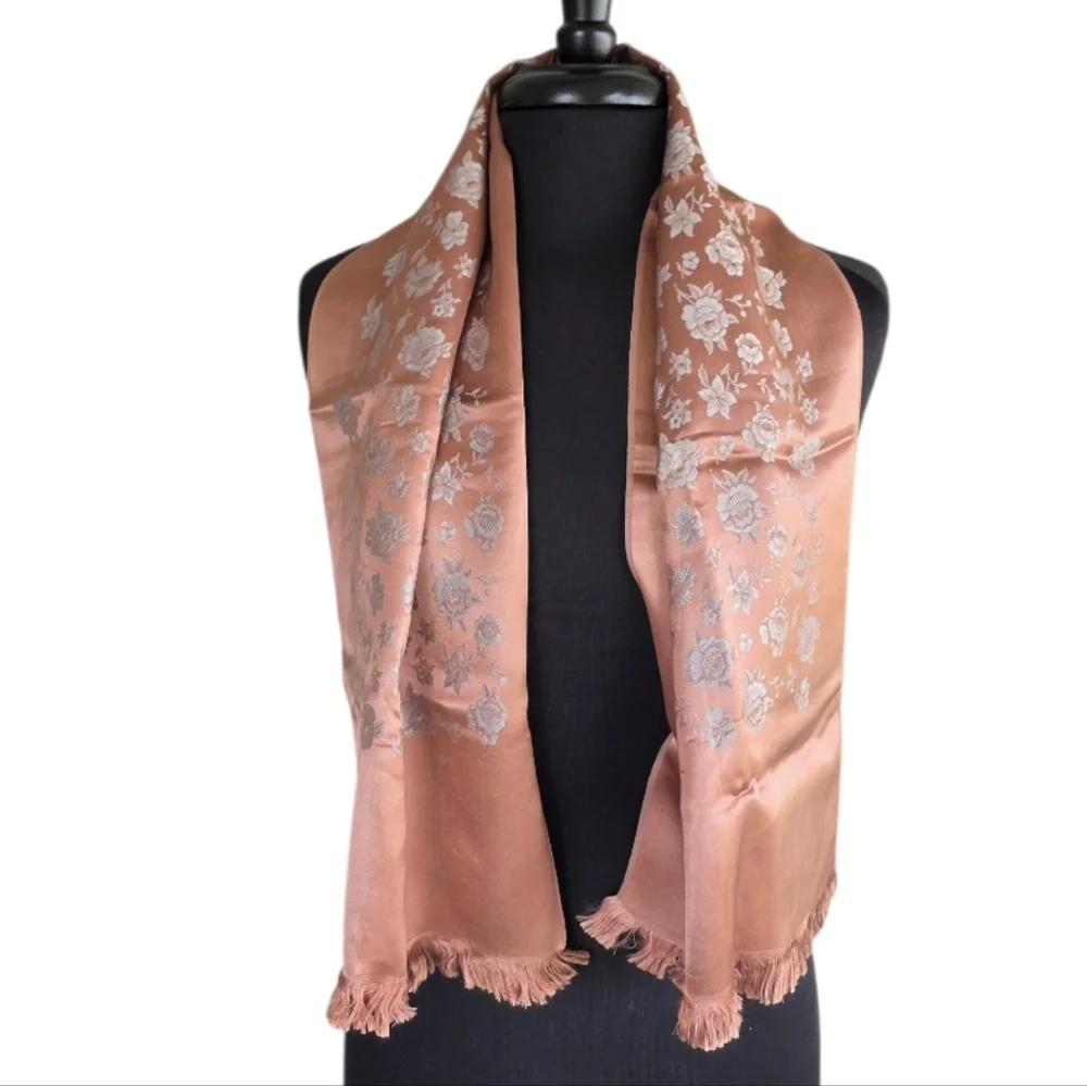 Vintage 70s Silky Woven Floral Scarf Copper Shimmer Boho Chic